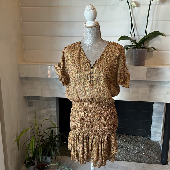 Mes Demoiselles Ambroisie Gold Lurex Floral Print Ruffled Hem Minidress Size 4 - Picture 5 of 14